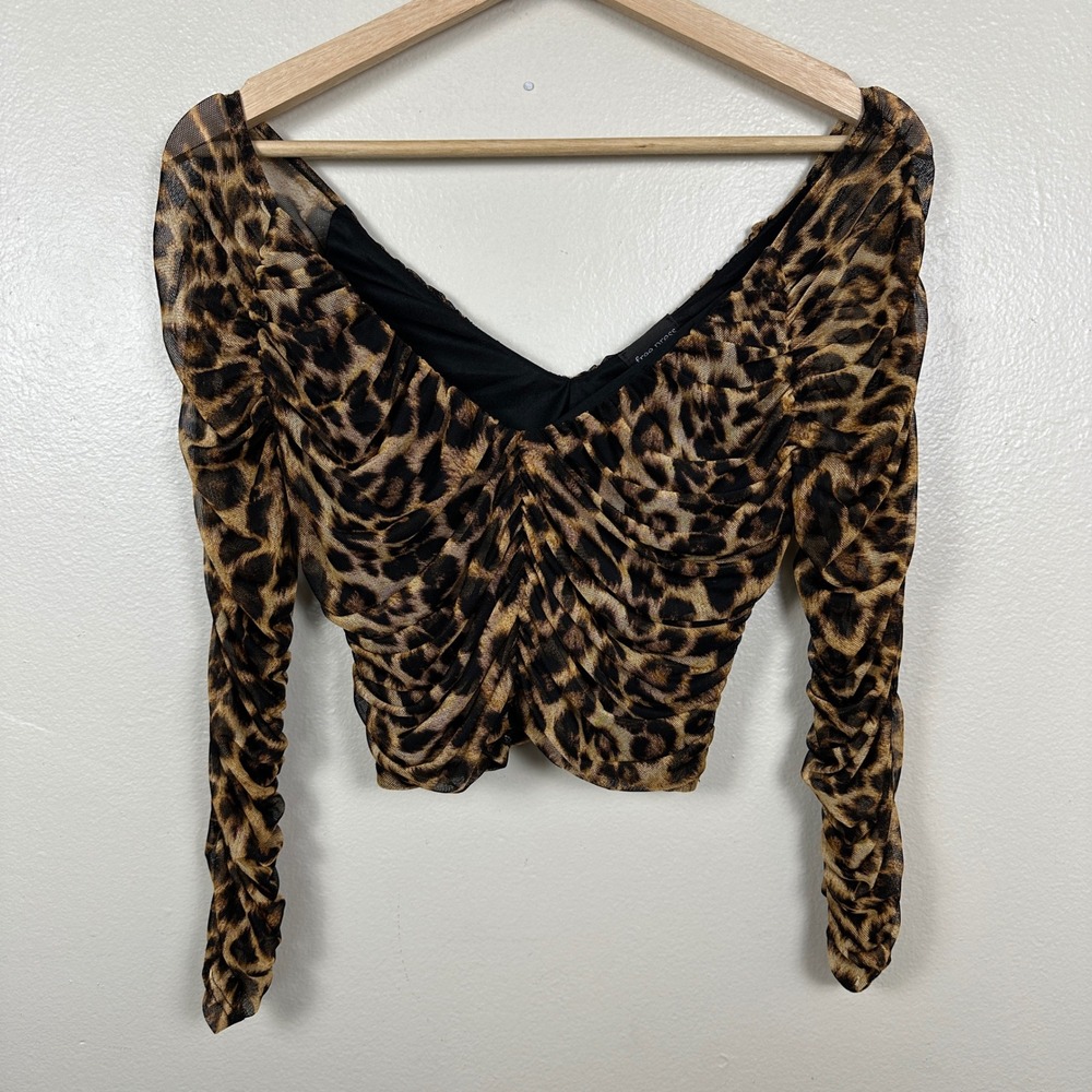 Free Press Women's S Crop Top Brown Leopard Print Ruched Mesh V-Neck Long Sleeve
